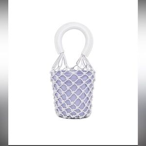 STAUD Moreau macramé bucket bag patent leather handles lavender $399 revolve